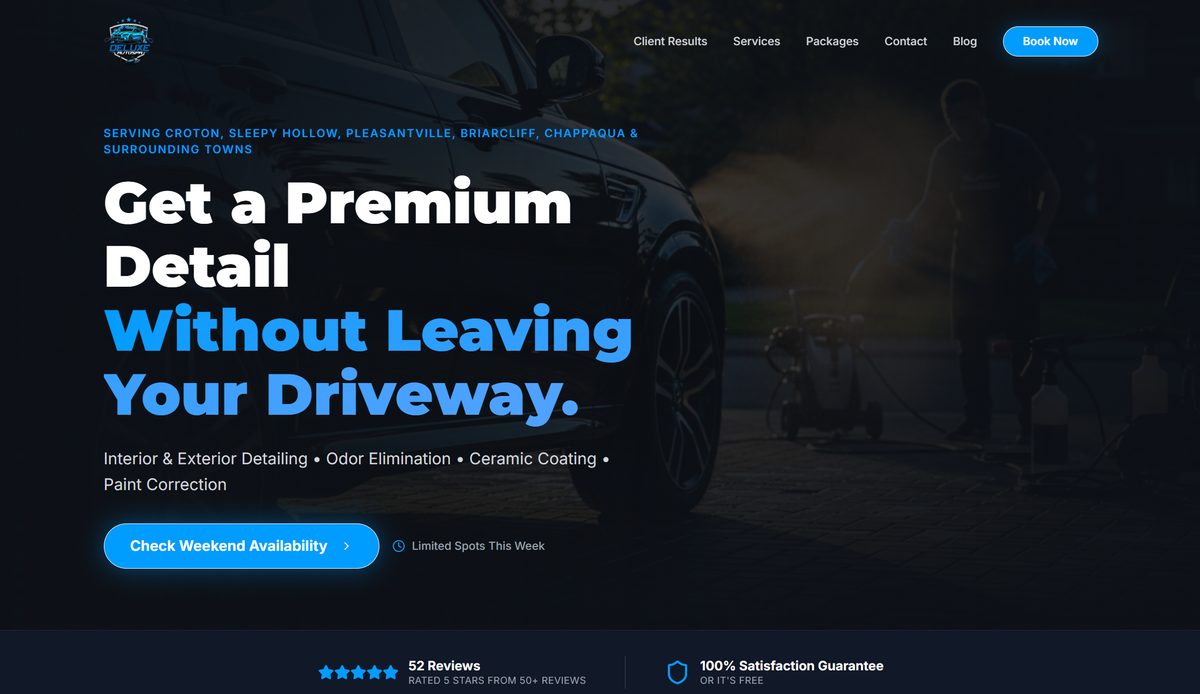Deluxe Auto Spa website hero for mobile car detailing with booking button