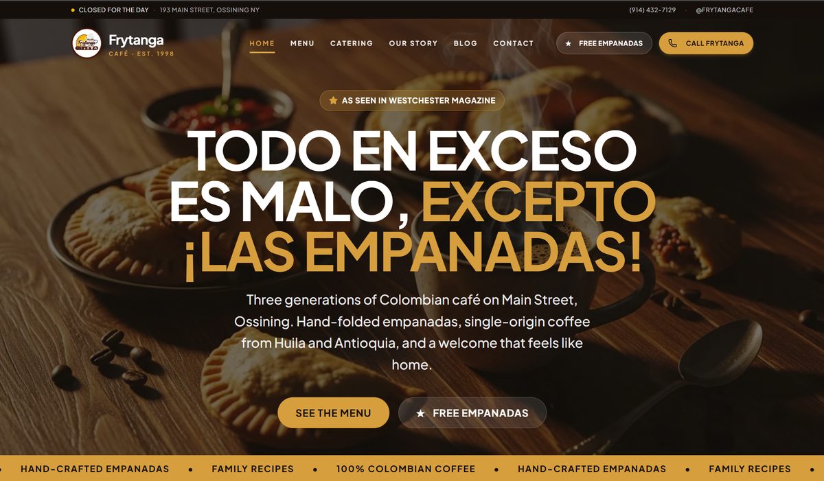 Frytanga Cafe website: Colombian cafe hero section with menu navigation and call button