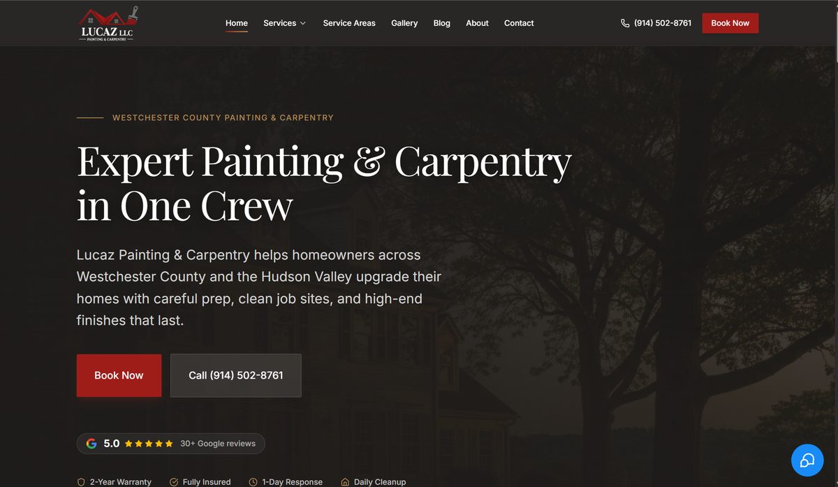 Lucaz Painting and Carpentry website hero with booking buttons and Google reviews